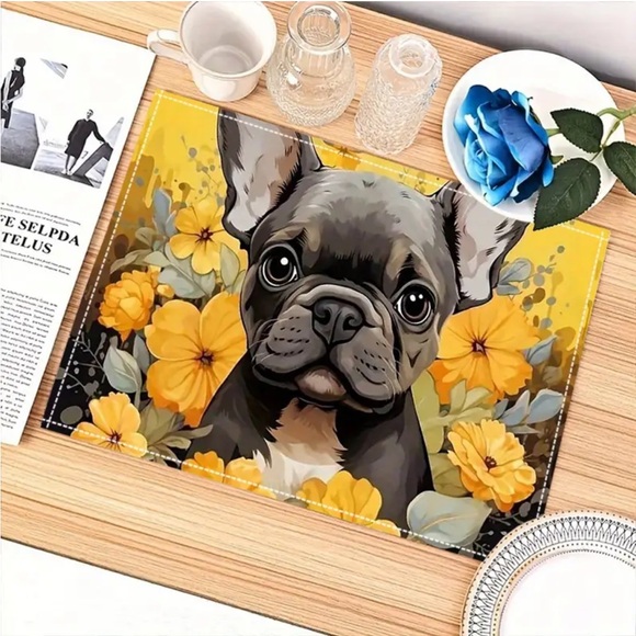 One Yellow Floral French Bulldog / Boston Terrier Linen Dog Food Placemat - Picture 4 of 6